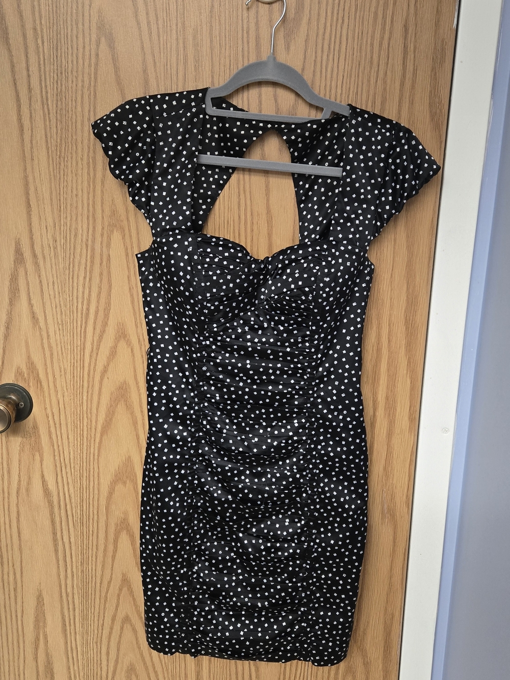 Guess Black and White Polka Dot Ruched Mini Dress